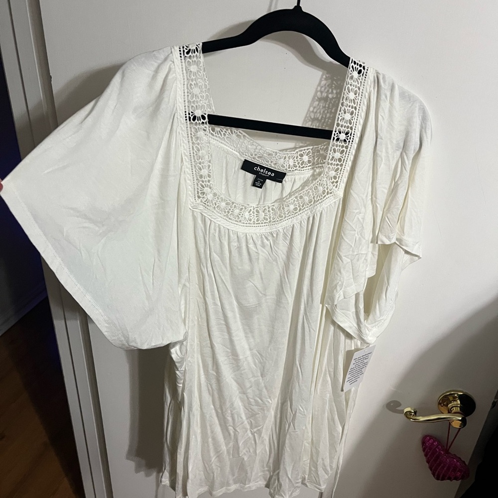 🖤 22/24 1X  Off White Lace Trim Women's Top NWT